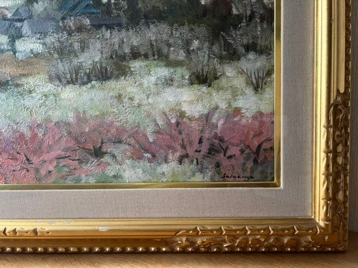 犀川愛子「塩山の春」白日展内閣総大臣賞受賞者の風景画　油絵