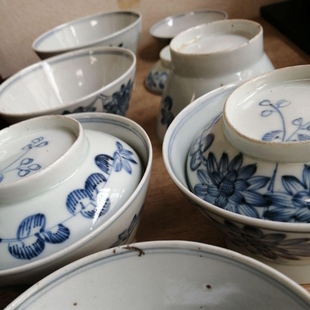 骨董　古伊万里　蓋茶碗　染め付け　茶碗　アンティーク　6客
