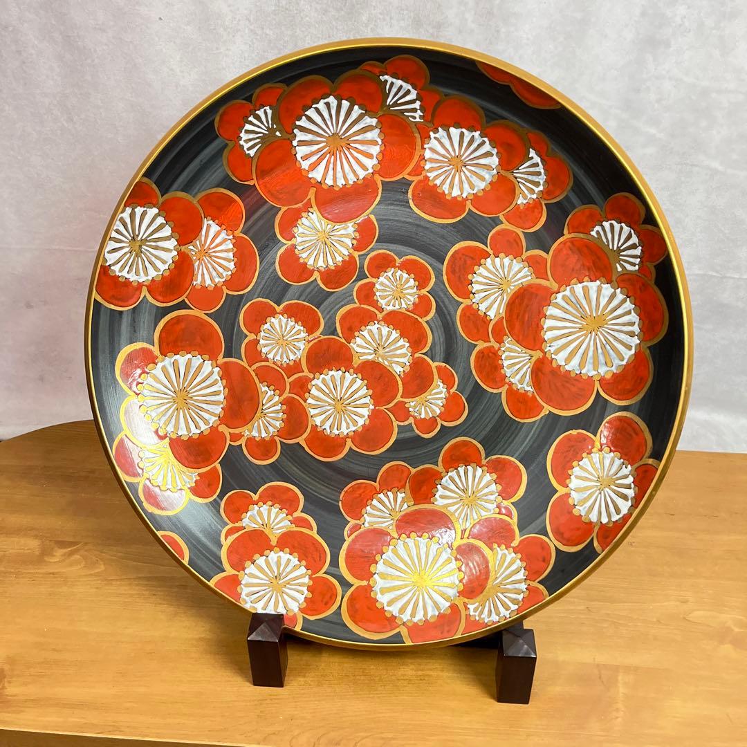 有田焼 15号飾皿 赤濃梅 泰明窯 飾り皿 直径47cm 台座付き 梅柄 手書き