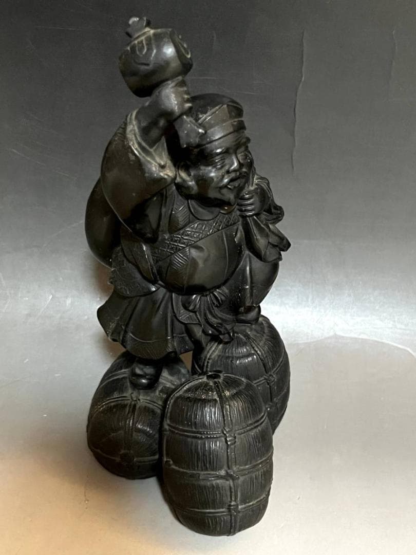 置物■布袋さん 銅製 オブジェ 七福神 米俵上布袋様 1.12kg時代物 骨董■