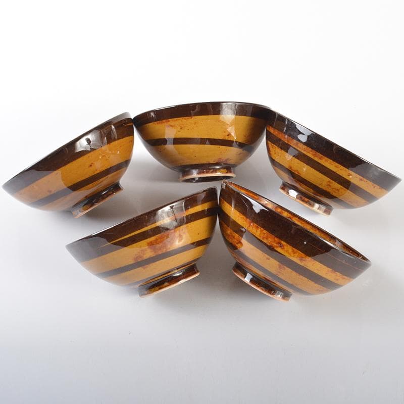 和食器　飴釉　寿字螺旋文　茶碗　五客　時代箱付　V　R6414