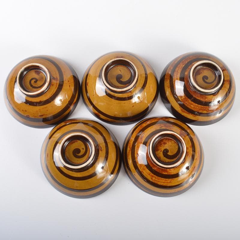 和食器　飴釉　寿字螺旋文　茶碗　五客　時代箱付　V　R6414