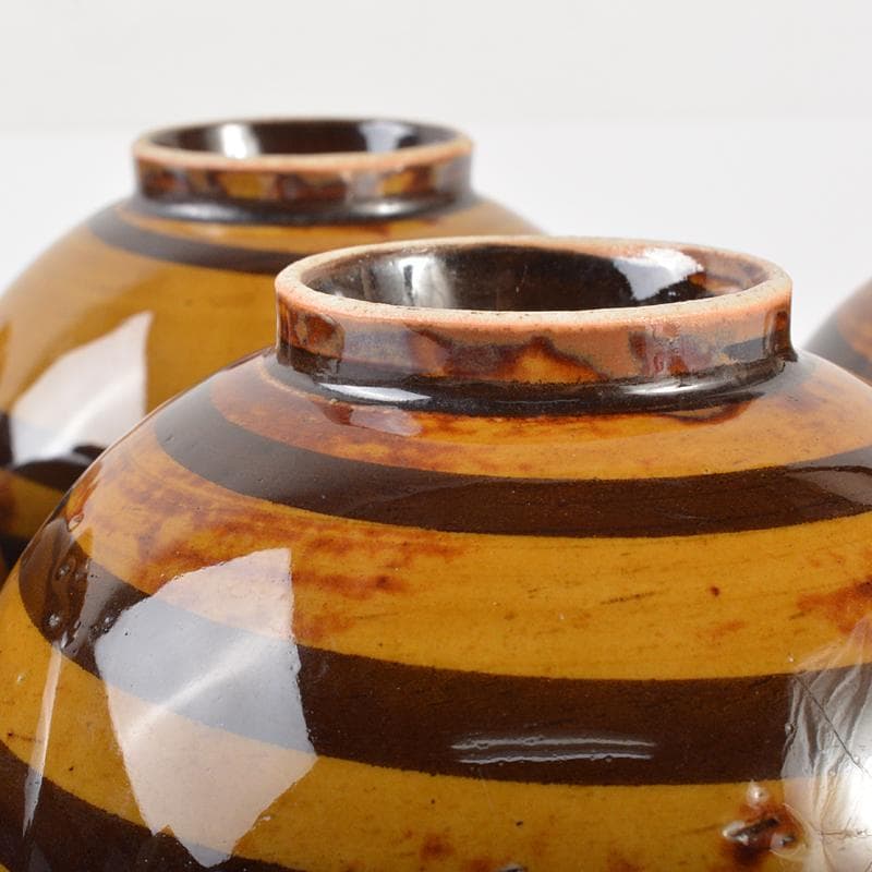 和食器　飴釉　寿字螺旋文　茶碗　五客　時代箱付　V　R6414