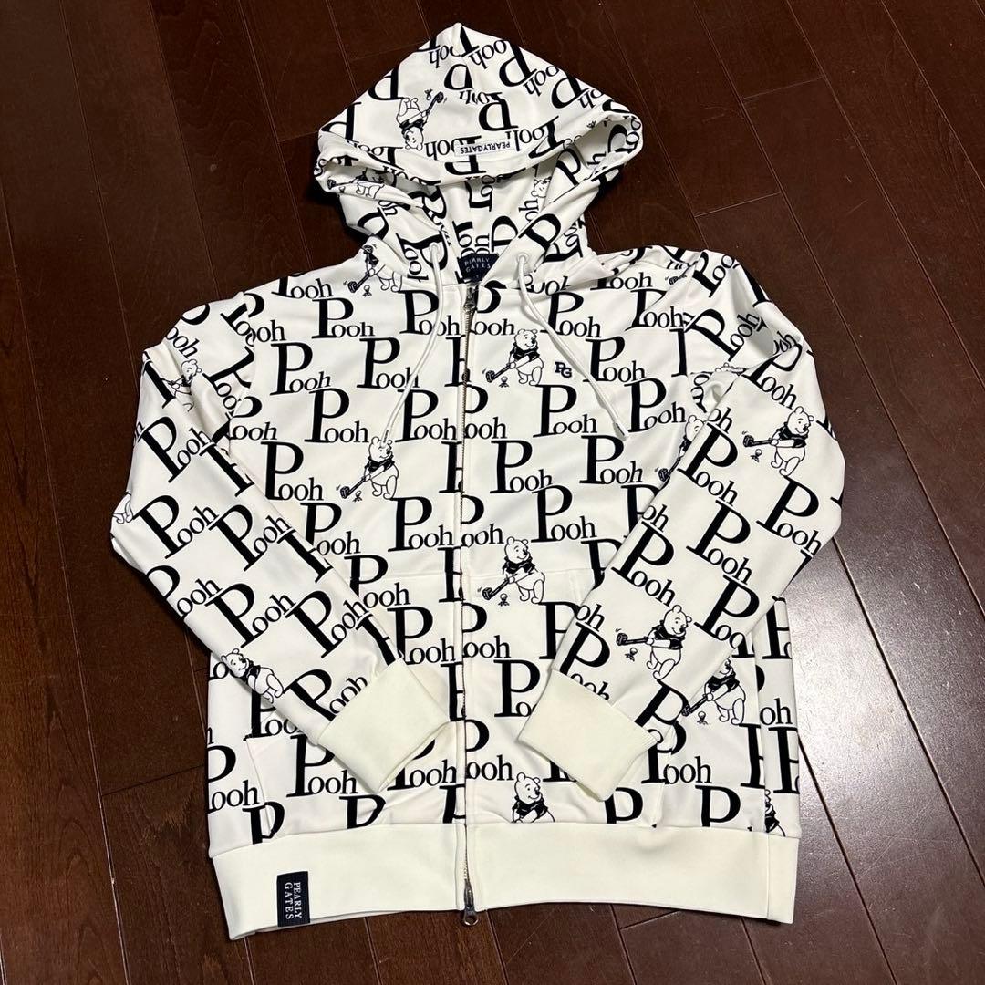 パーリーゲイツPGプーさんロゴプリント裏起毛パーカーホワイトサイズ1
