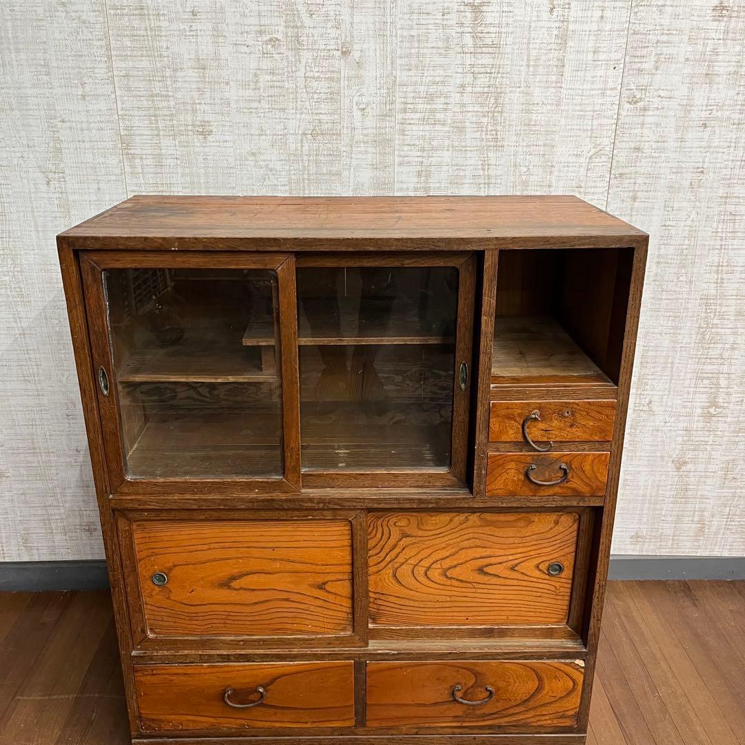 【アンティーク】昭和レトロ 木製 水屋箪笥 小箪笥 引き戸 古民家 古家具