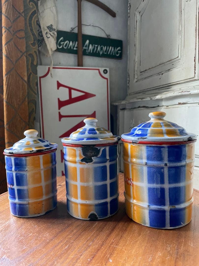 フランス　アンティーク　ホーロー　キャニスター　3個　ブルー　オレンジ　チェック