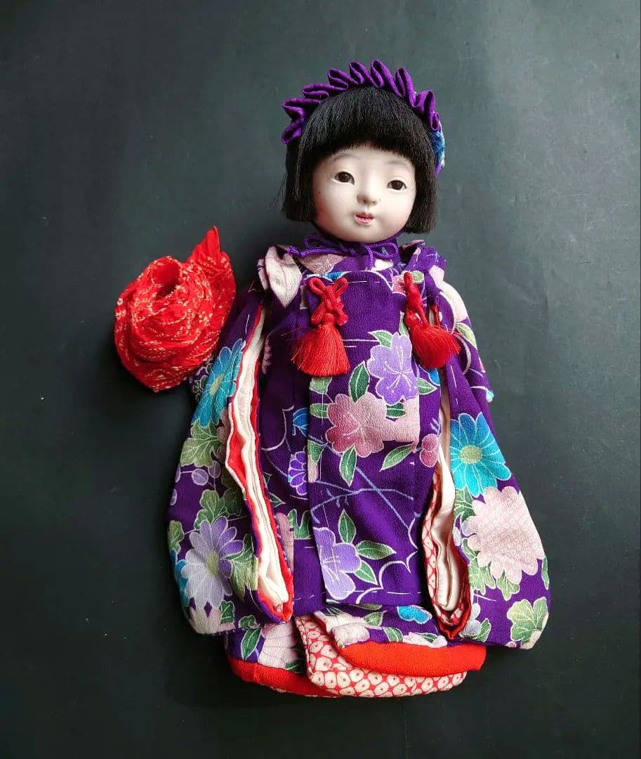 樫村瑞観　自由人形　市松人形　32cmくらい　着物+被布+お帽子