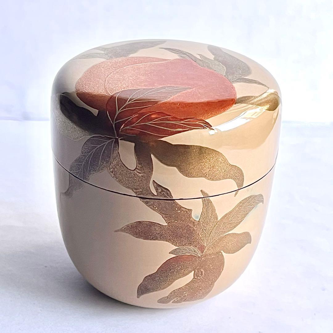 【極美品】●棗●森田洋古●白漆●仙桃蒔絵●金蒔絵●茶道具●桃