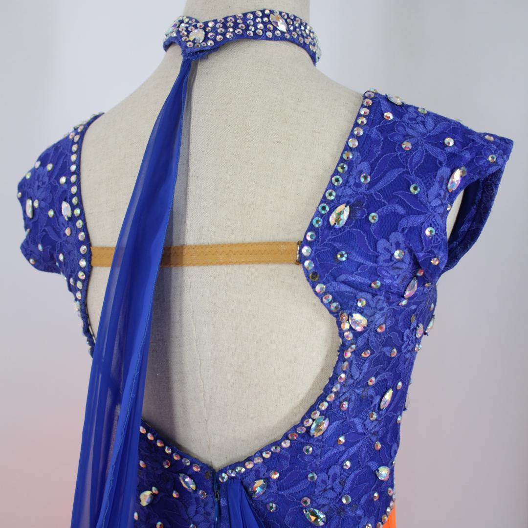 【社交ダンス衣装】オレンジ×豪華フロート ワンピース ドレス ブルー 青