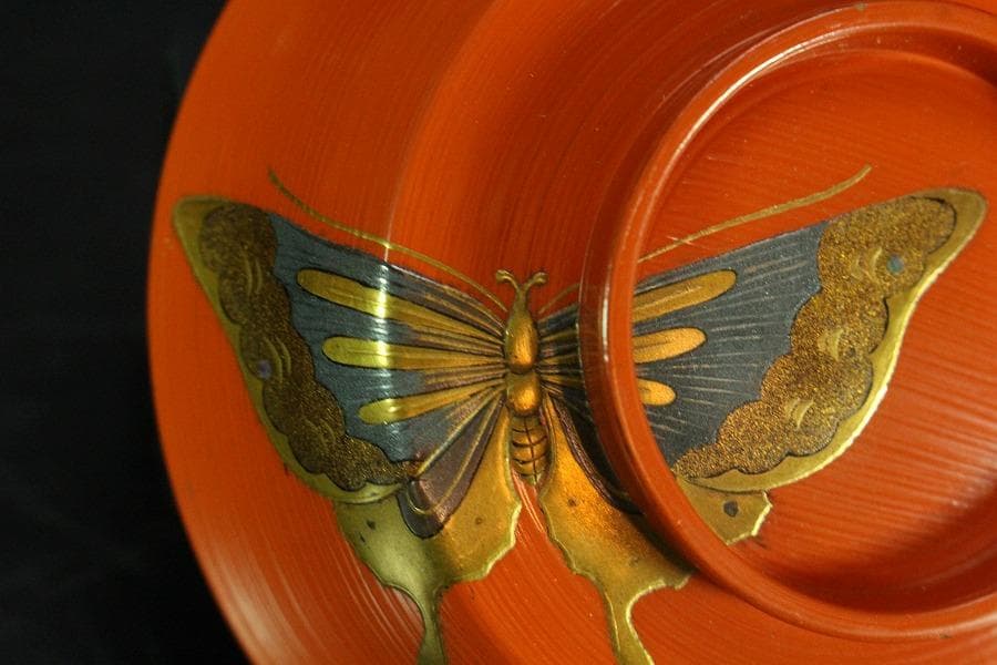 京都 象彦 造 群蝶蒔絵 朱刷毛目 小吸物椀 五客 共箱 美品(K-XA804)