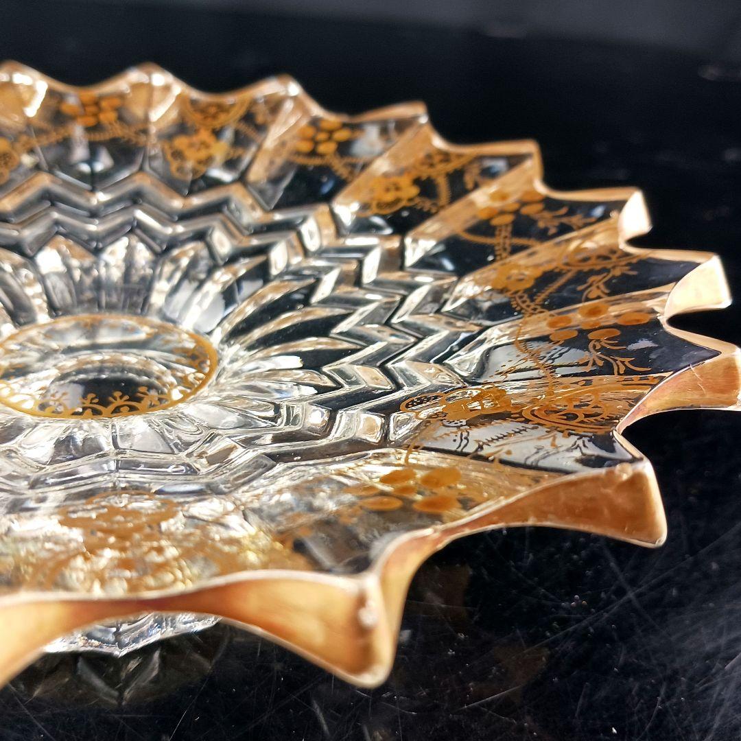 Y427 時代古作 金彩 ガラス コンポート 果物皿 直径20.5㎝ 木箱付　G