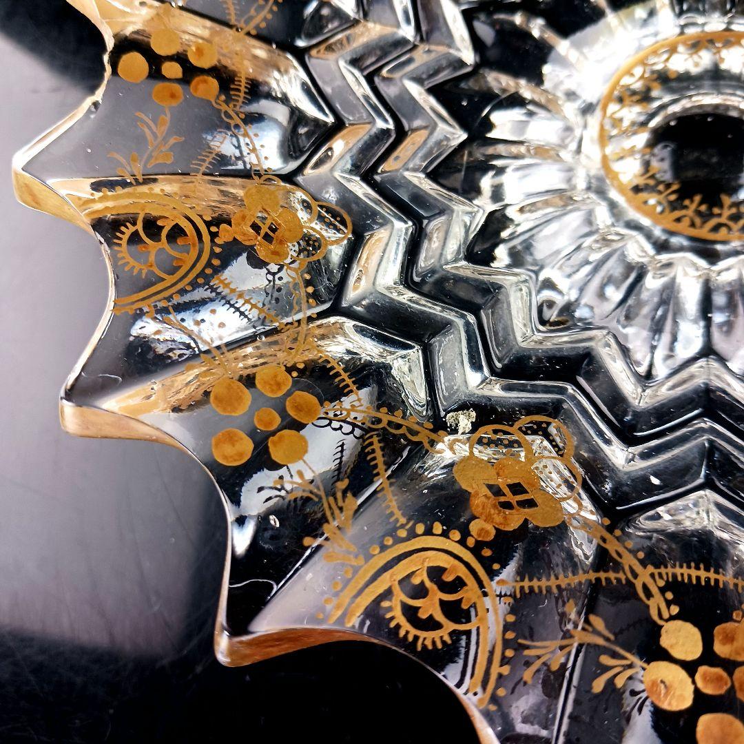 Y427 時代古作 金彩 ガラス コンポート 果物皿 直径20.5㎝ 木箱付　G