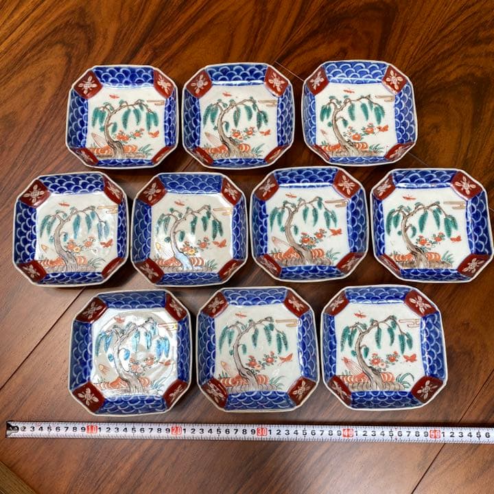 古伊万里　角皿上絵彩色10枚セット