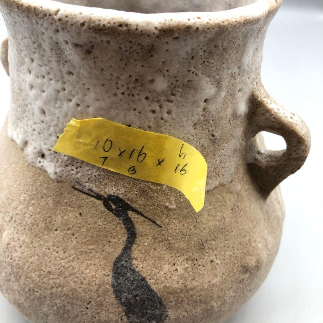 木箱入り未使用鳥鷺さぎ絵耳付き双耳陶釜陶器花器ツボ壺型花瓶花生け華道具骨董品