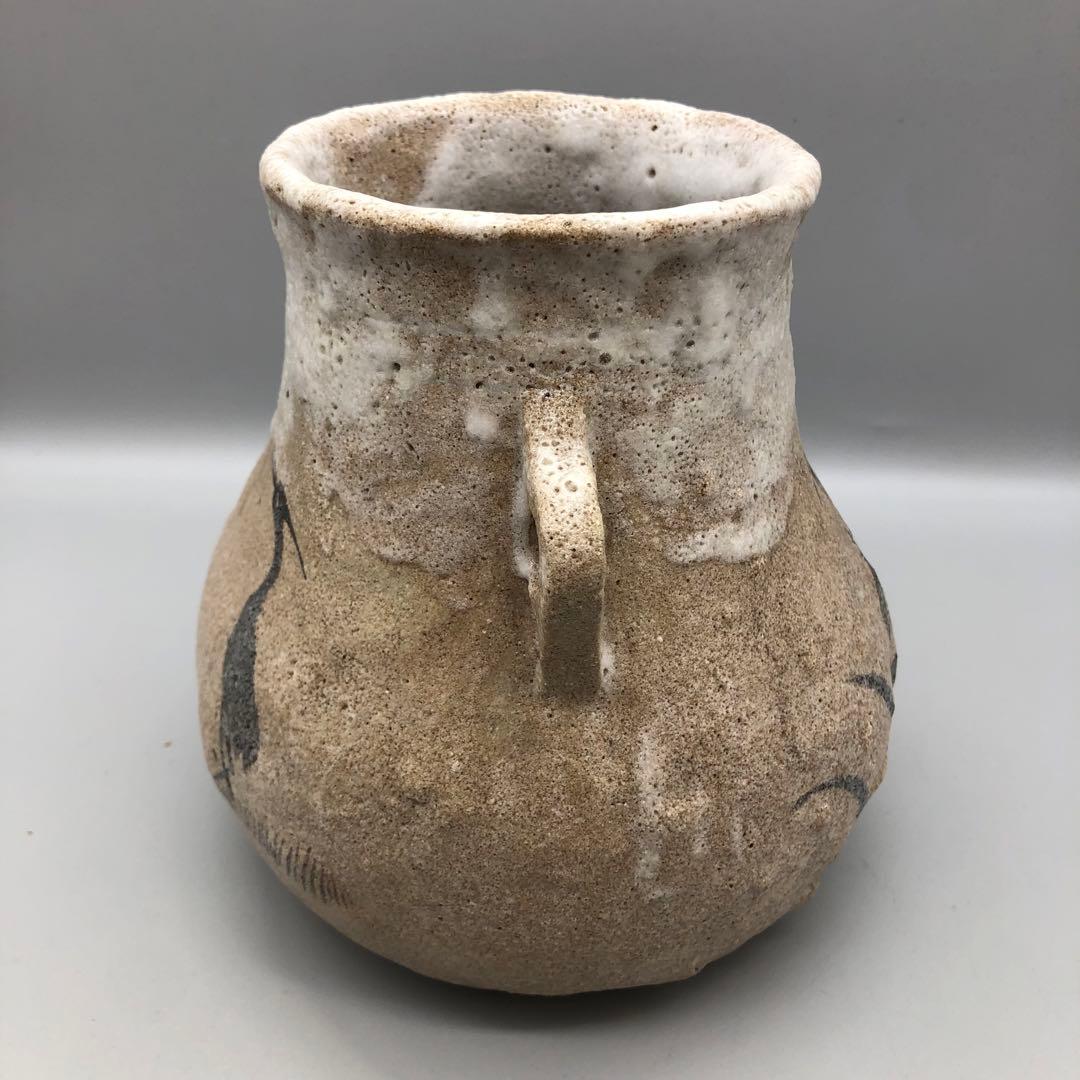 木箱入り未使用鳥鷺さぎ絵耳付き双耳陶釜陶器花器ツボ壺型花瓶花生け華道具骨董品