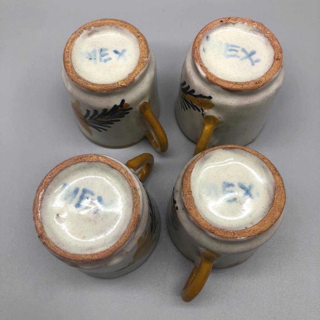 メキシコプエブラタラベラ焼ビンテージ陶器伝統工芸バード鳥カップ&ソーサー4客組