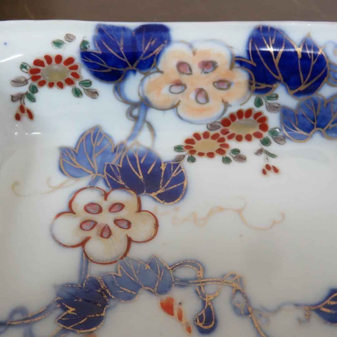 角皿 金彩 色絵付 蝶 へちま 菊 花文様 変形 古伊万里