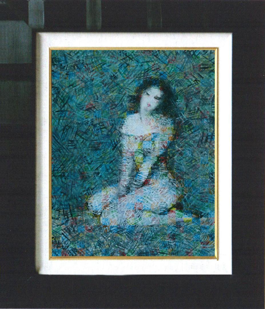 油絵 菅家令子 絵 絵画インテリア額付(青緑＋金色の枠)uF6-010611女性