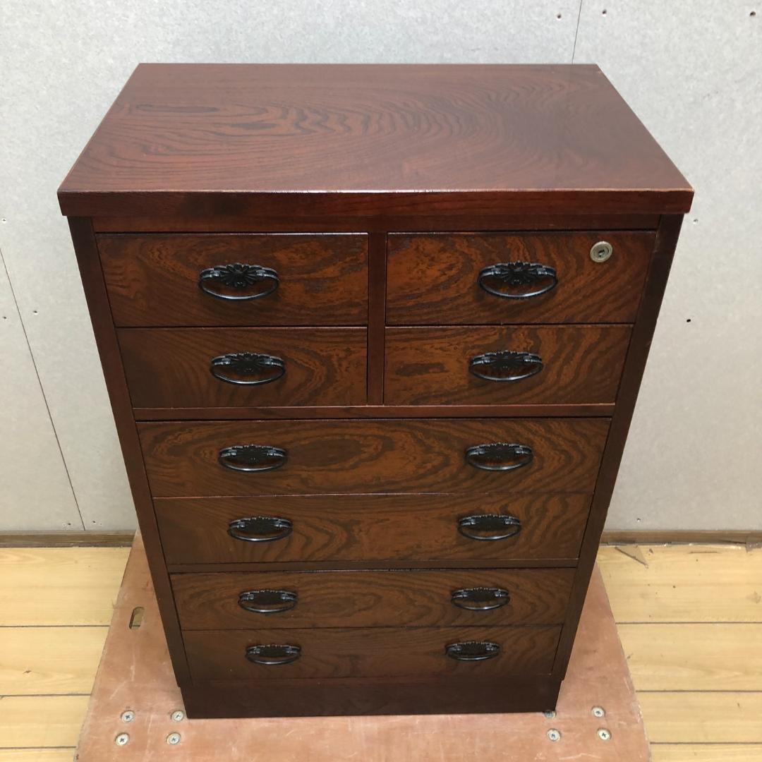 送料無料 和風民芸調 整理タンス 鍵付きチェスト 天然木 木目 250720-