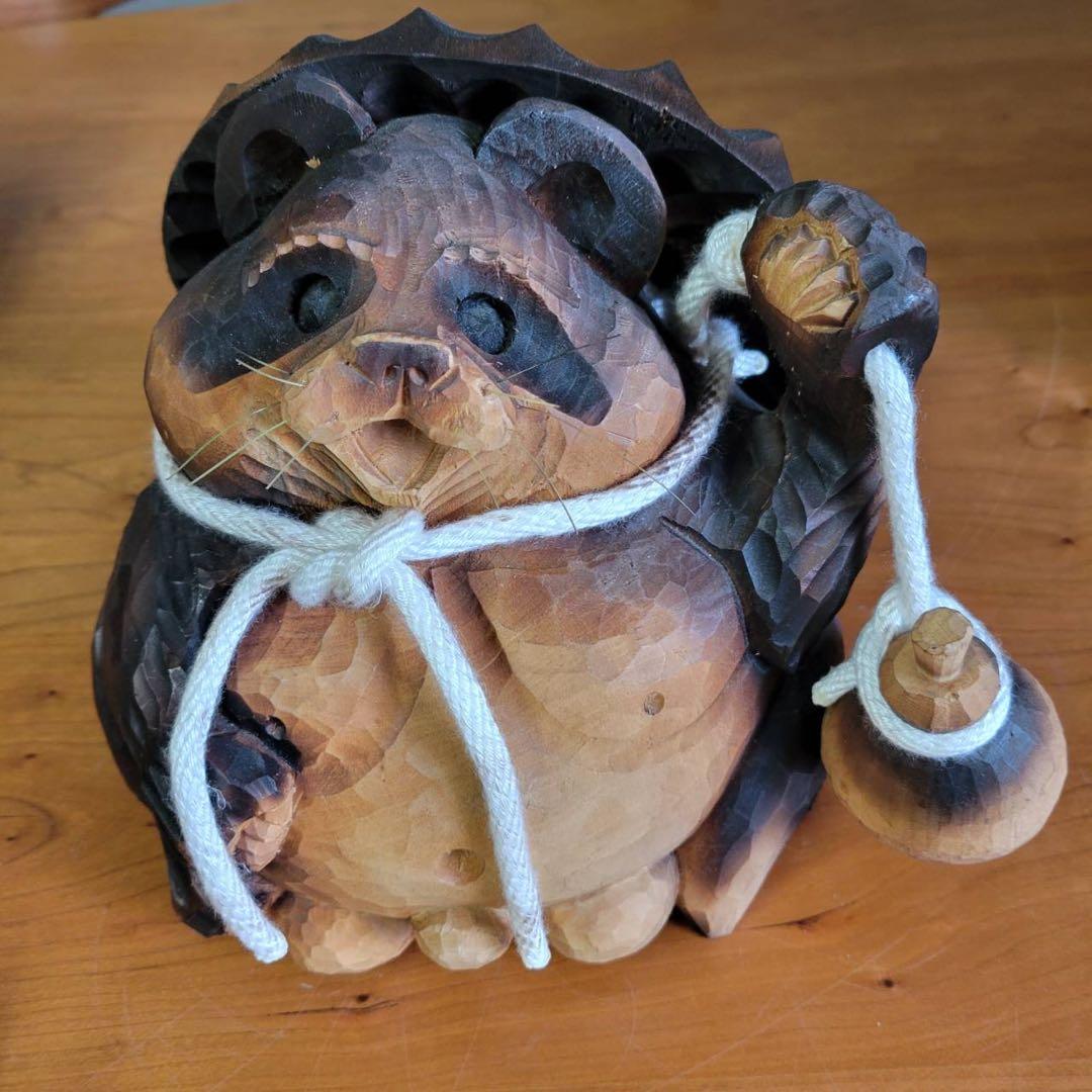 【匿名発送】木工品　たぬき　夫婦　縁起物　アンティーク　木彫り