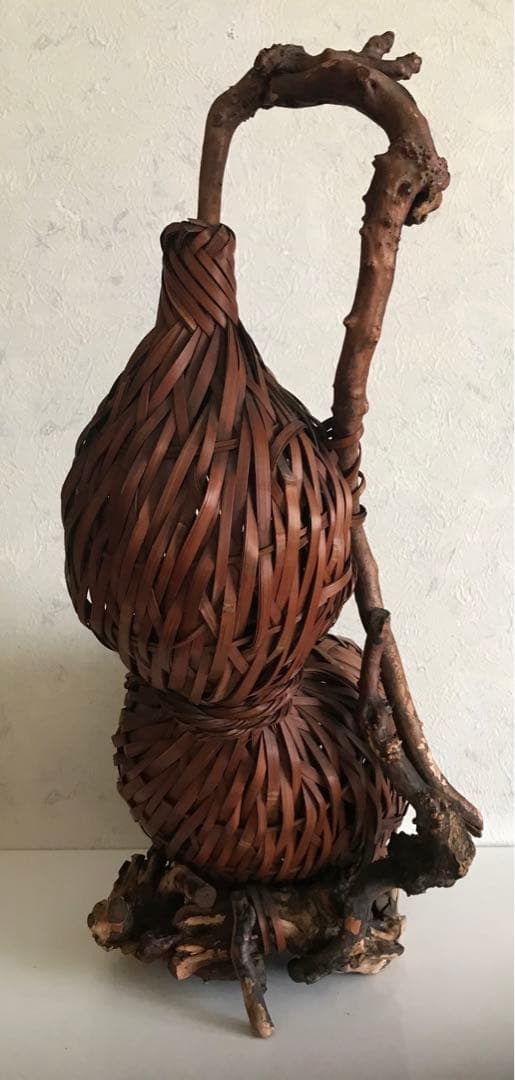 骨董品　竹製天然木　二重構造花入れ　オブジェ　華道