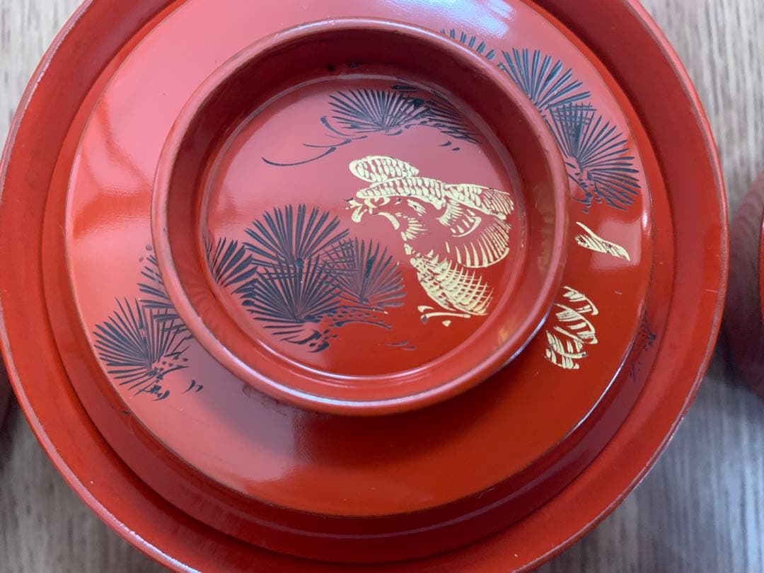 輪島塗　朱沈金蒔絵吸物椀10客　時代物　木製うるし塗　羽反　アンティーク
