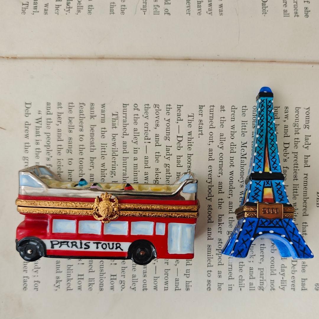 リモージュボックス　オープントップバス　フランス製磁器　ミニチュア小物入れ