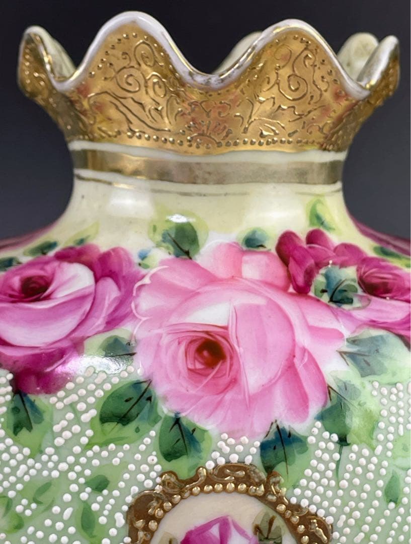 【美品】オールドニッポン アールヌーボー 薔薇紋 金盛り 花瓶