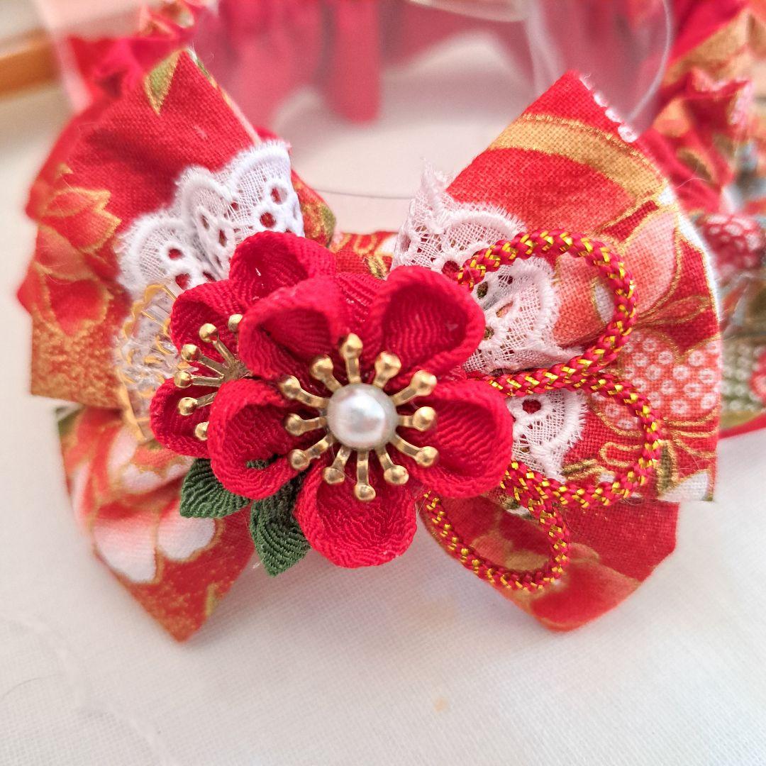 短毛シュシュ、和風妻み細工(赤③)わんちゃん猫ちゃん用