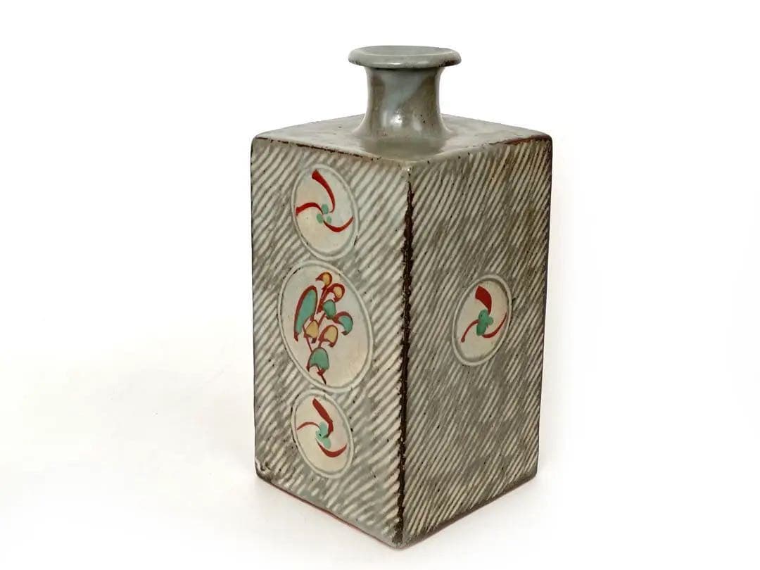 陶芸家　人間国宝　島岡達三　象嵌赤絵　方壺　角瓶　花瓶　花入　縄文象嵌　共箱