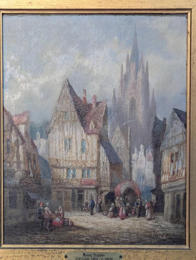 【真作】絵画　ヘンリー・シェーファー　油彩　ゴシック大聖堂と市街風景　Z32