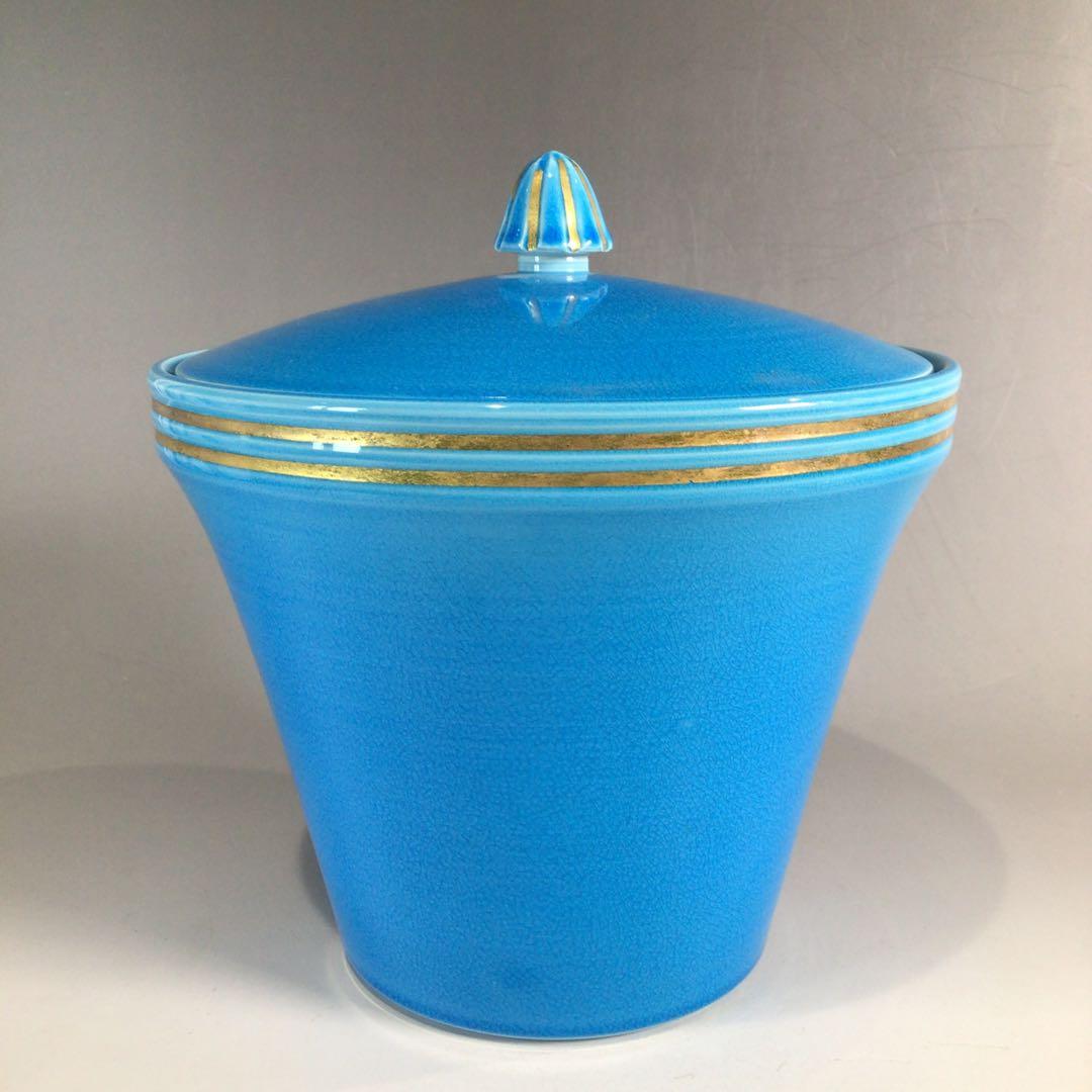 Ｐ３５４　水指　『御室窯造』『浅黄交趾』『末広水指』　共箱　茶道具