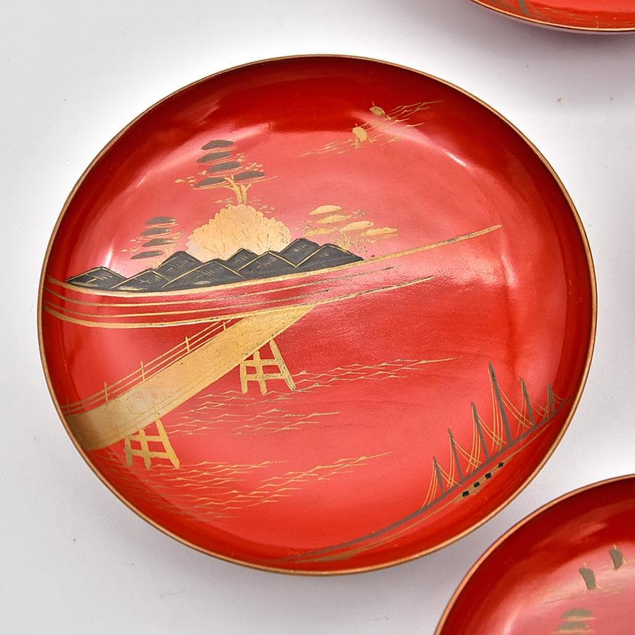 時代年代物 木製朱塗 盃台 盃 七客 楼閣山水 瑞鶴図 金蒔絵 お屠蘇 お正月