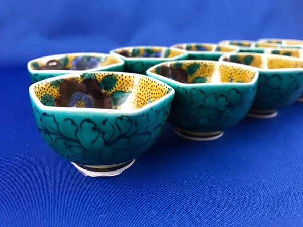 九谷焼　九谷　越田健一郎　吉田屋風瑞鳥図六角盃　10客セット