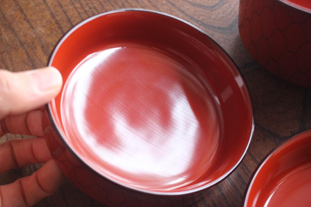 デッドストック！上質朱漆に風情ある網目文の映える筒形大椀2点（検京塗煮物椀