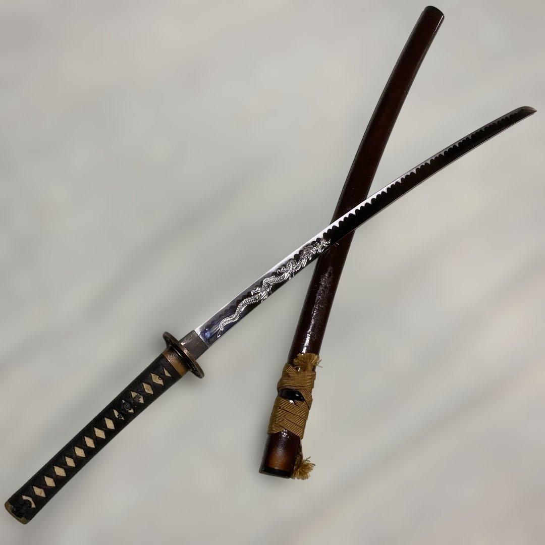 模造刀 濃緑柄 角松透し楕円鍔 茶鞘