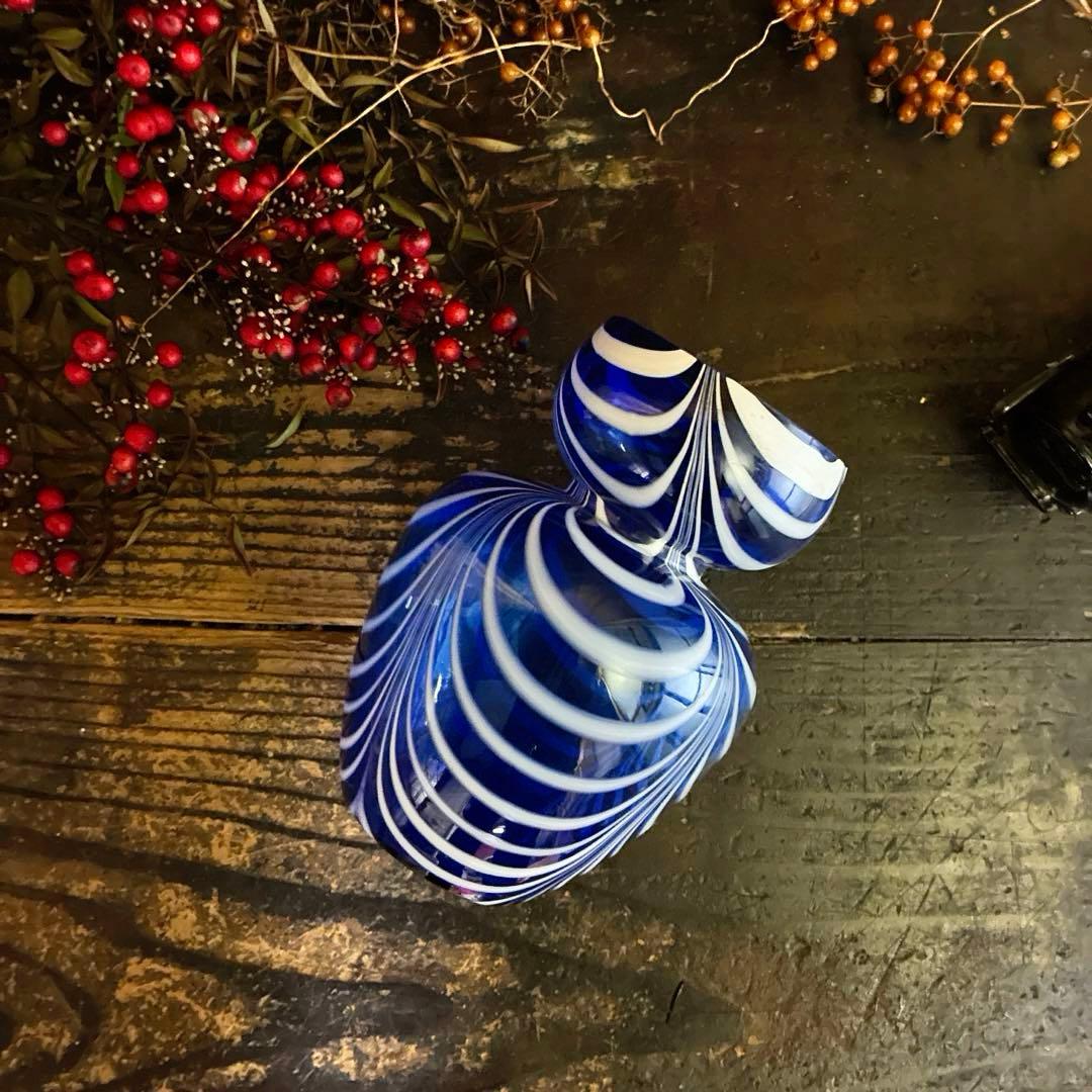 骨董　時代ガラス　超希少　瑠璃色ガラス　掻き揚げ　ヒヤシンス瓶　水耕栽培