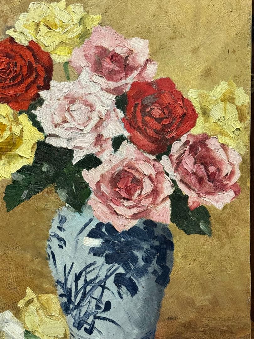 (14) 真作　関川富士郎　直筆サイン入　油彩　絵画　薔薇　アンティーク