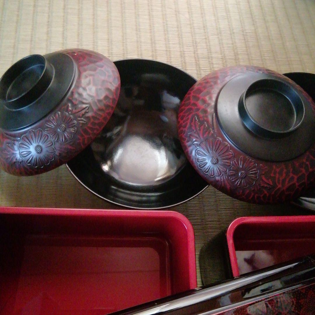 一*子様 うな重箱　お吸い物碗　セット　山中漆器　土用丑の日　鎌倉彫　松　もみじ