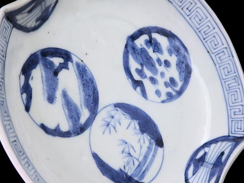 古伊万里　染付 丸紋に松竹梅の図　分銅型６寸皿　５枚　E674AS-CQl