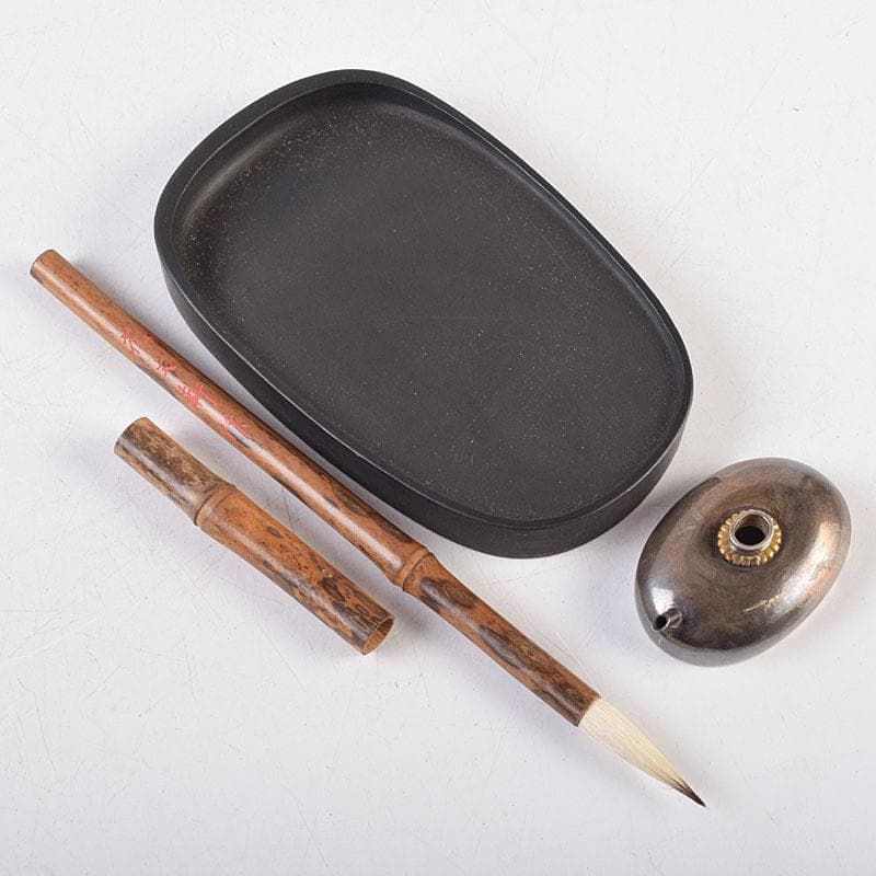 書道具　桐彫抜　螺鈿装飾　硯箱　在銘　硯　水滴　筆　一式　目録付　M　R9185