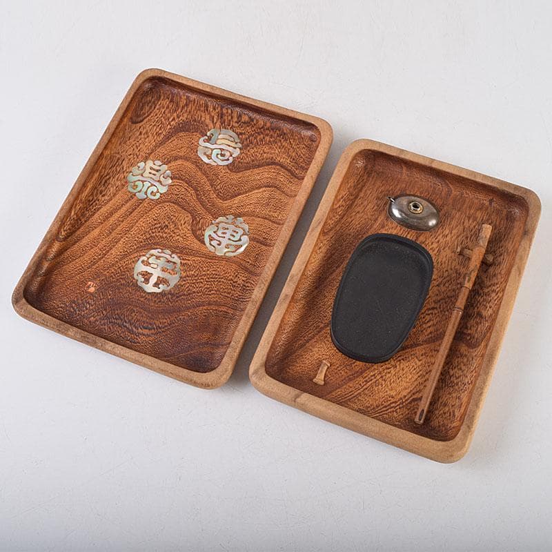 書道具　桐彫抜　螺鈿装飾　硯箱　在銘　硯　水滴　筆　一式　目録付　M　R9185