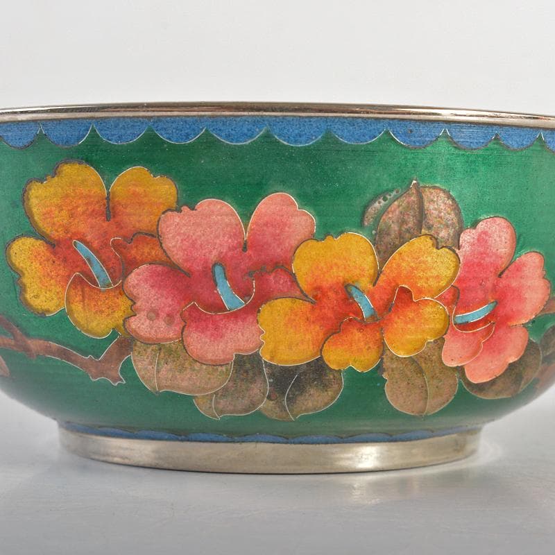 中国　古七宝　緑透釉　銀線象嵌　花蝶文　小鉢　唐木台付　M　R6842