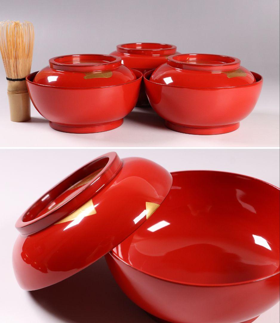 CK87 輪島塗 扇面四君子 金蒔絵 朱塗椀 三客 木製漆器 / 茶懐石 菓子椀