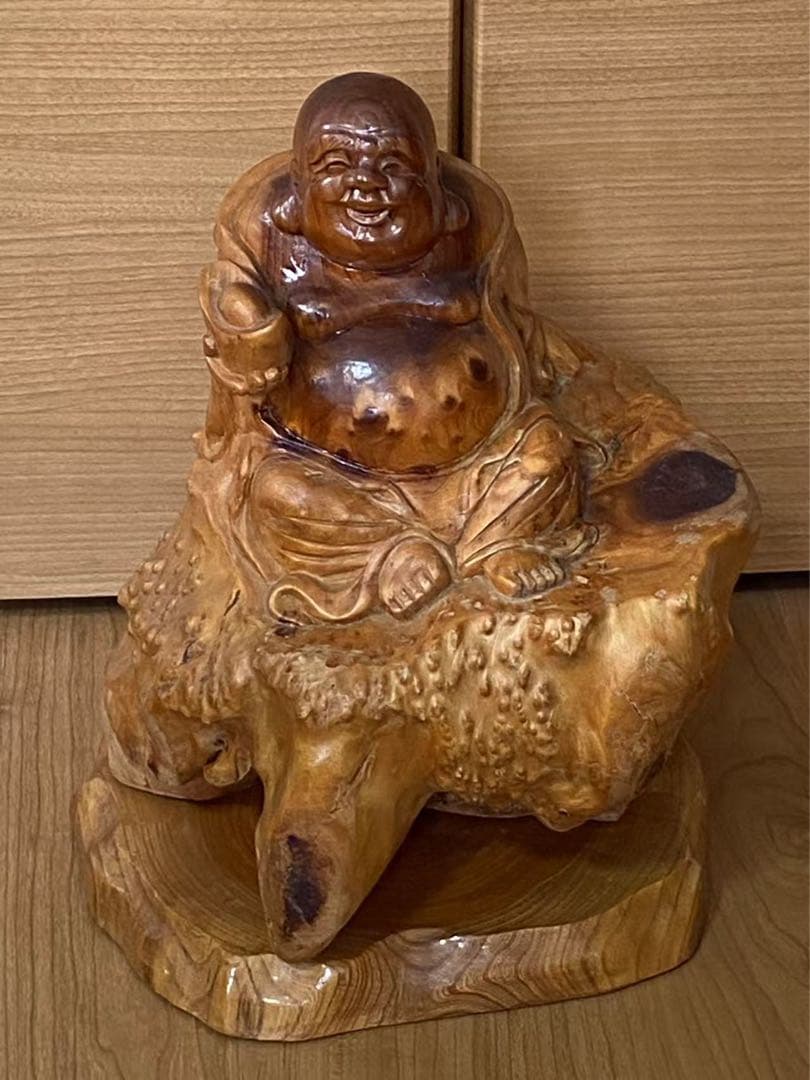 縁起物 天然木根彫七福神 布袋様一刀彫木彫置物