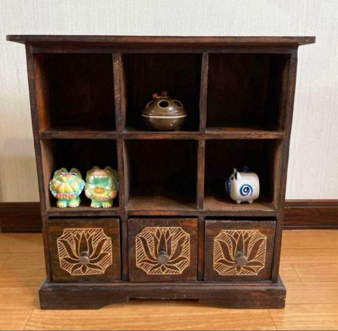レトロアンティーク家具アジアン家具ディスプレイ棚木製家具ロータス蓮の花手彫り彫刻