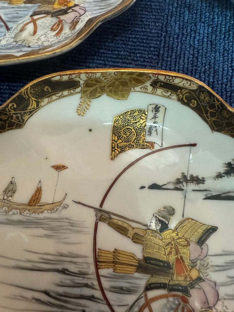 1819  明治時代　九谷焼　細密絵付人物山水図　菱形皿　5客　時代物