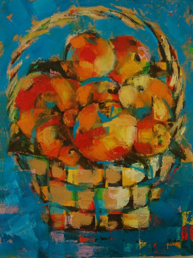 油絵 菅家令子 絵 絵画インテリア 額付(青緑＋金色の枠) uF6-051721