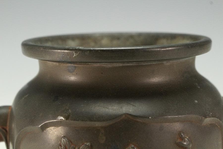 古銅 象耳 花鳥紋 香炉 古美術(K-LC955)