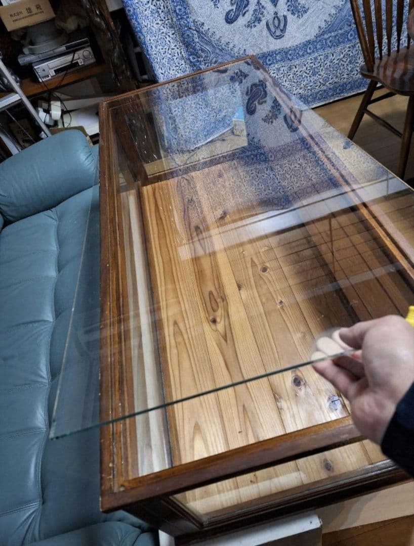 古い木枠の卓上ガラスケース　食器棚　キッチン収納　古家具　古道具